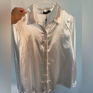 White satin button front shirt